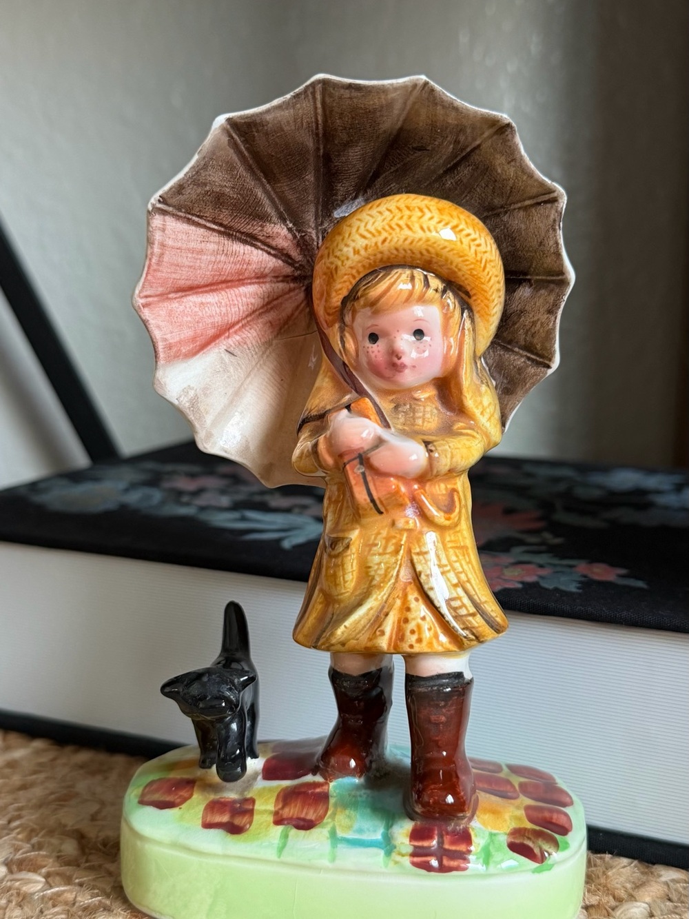 Vintage American Greetings Yellow Raincoat Girl with Brown Umbrella Accent